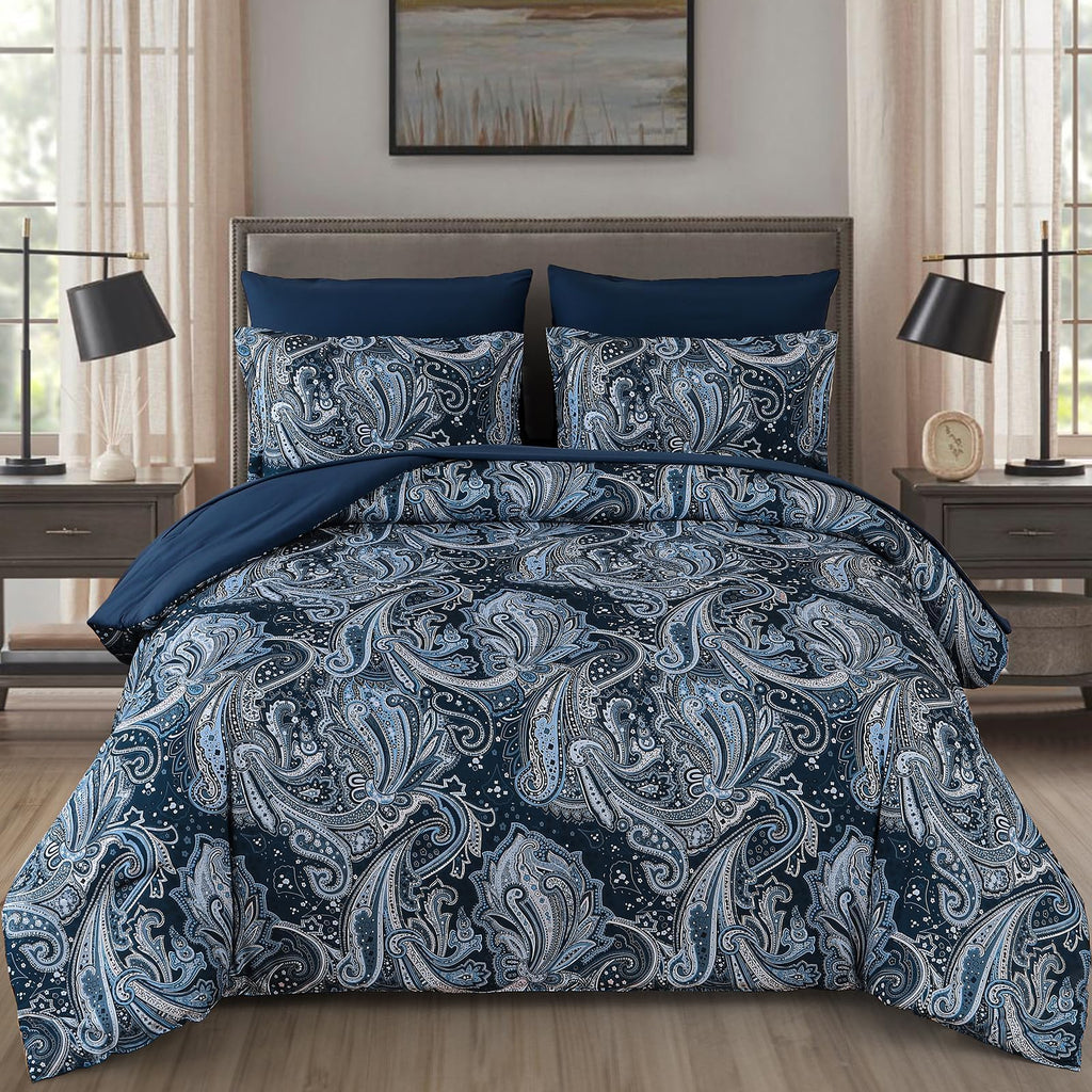 Navy Paisley Comforter Set Queen Size 7 Piece Bed in a Bag