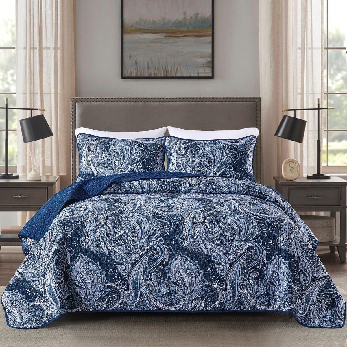 Navy Paisley Quilt Set, Boho Bedspread Coverlet