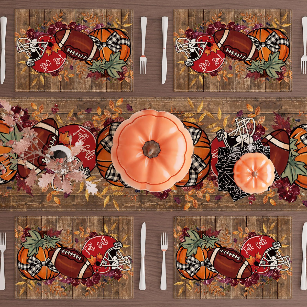 Fall Football Helmet Pumpkin Placemats Set of 6 Table Decor 12x18 Inch