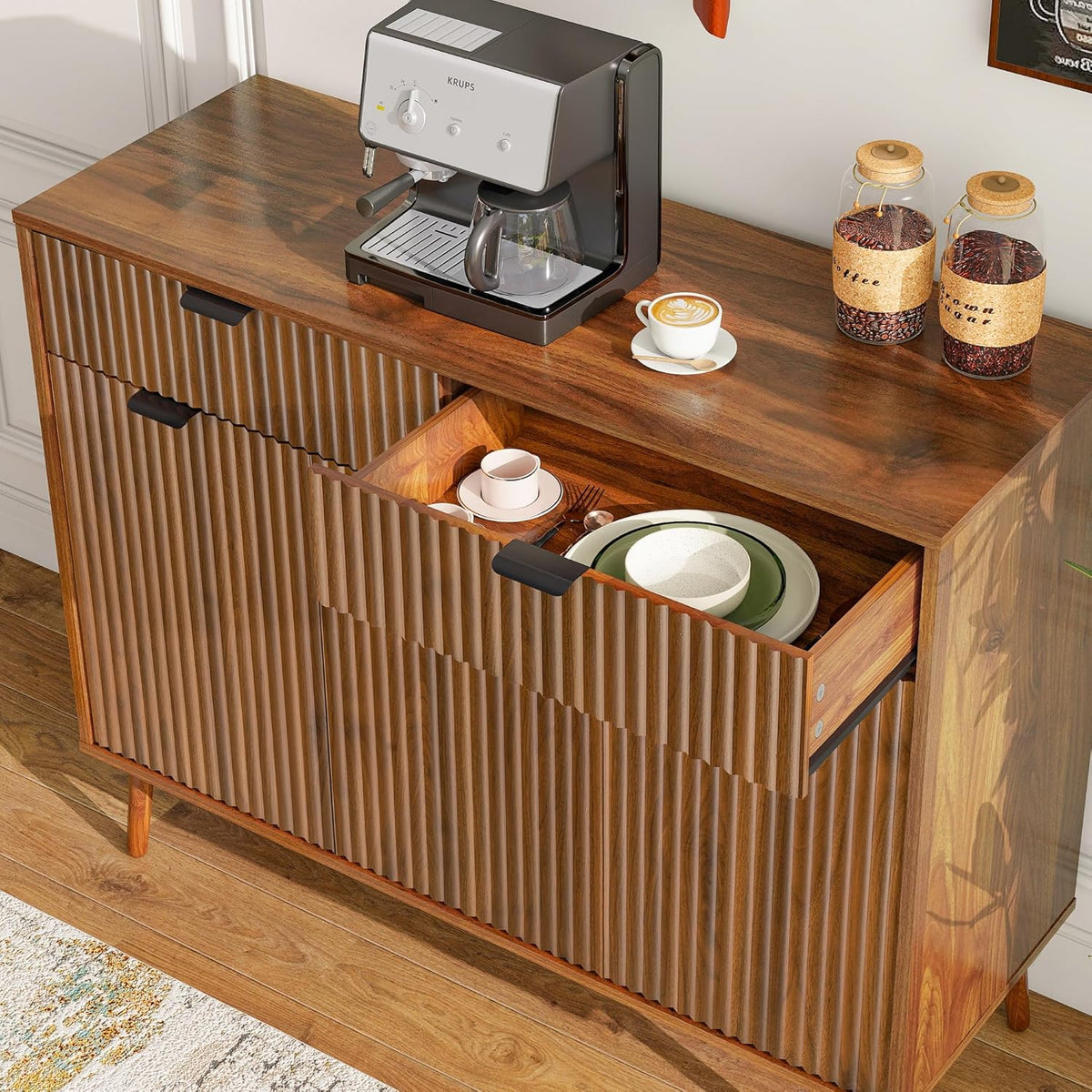 Fluted Sideboard Buffet Cabinet with Storage,2 Drawers and 3 Doors,Wood Coffee Bar Cabinet with Solid Wood Feet