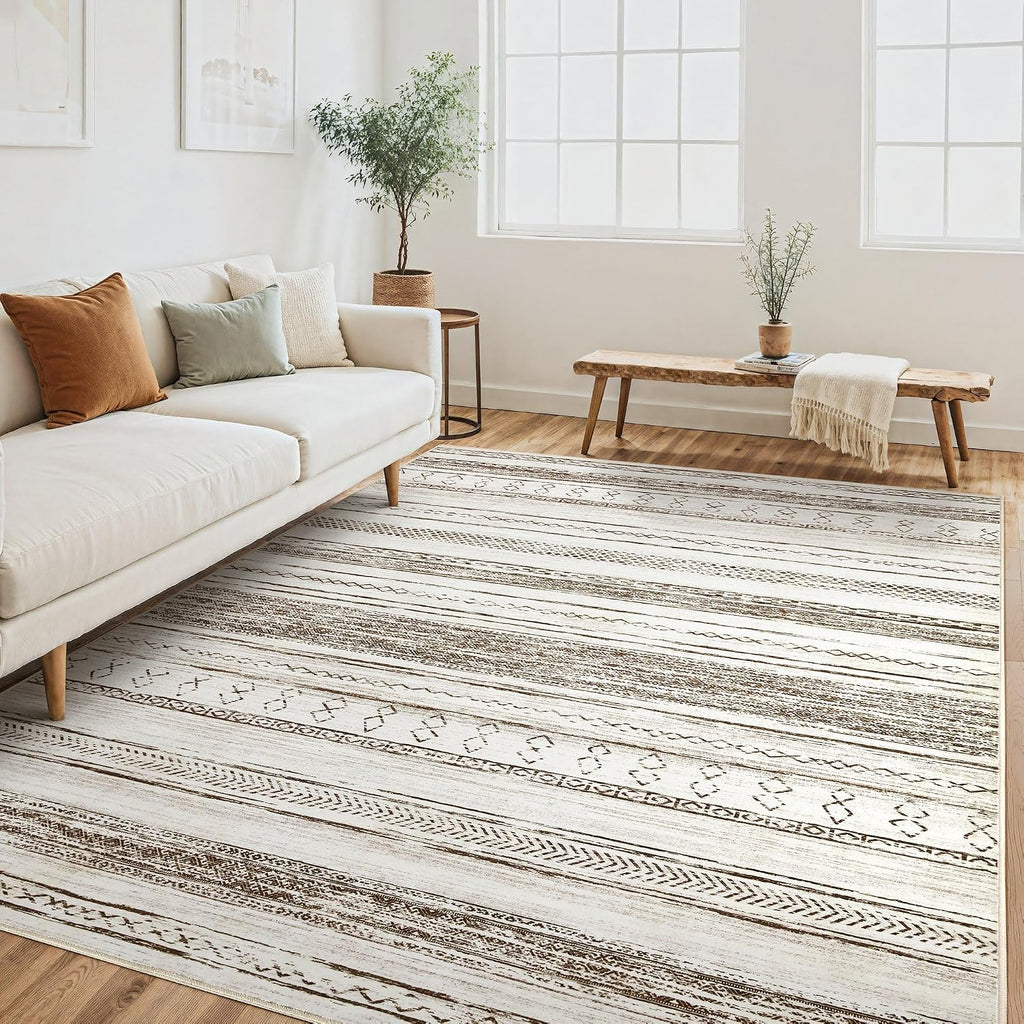 Area Rug Living Room Rugs - Washable Large Soft Neutral Boho Moroccan Bohemian Farmhouse Rug Indoor Floor Carpet