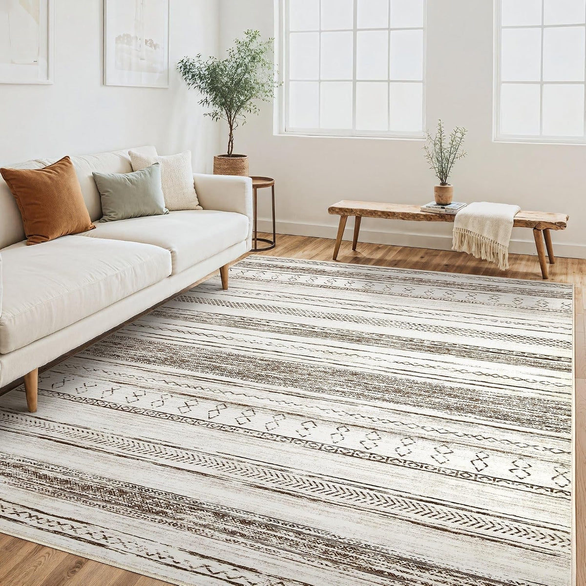 Area Rug Living Room Rugs - Washable Large Soft Neutral Boho Moroccan Bohemian Farmhouse Rug Indoor Floor Carpet