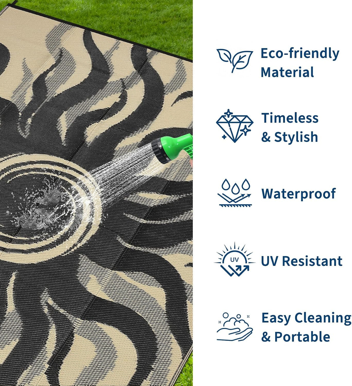 Outdoor Rug Waterproof Patio Rugs with Boho Sun Pattern, Reversible Plastic Straw Camping Rugs Outdoor Indoor RV