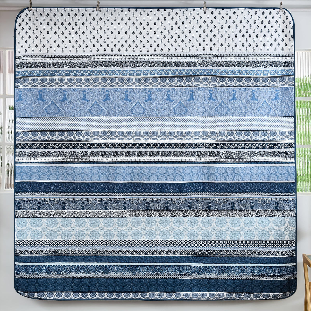 Boho Quilt Set, 3 Pcs Navy Blue Bedspread Covrtlet Set