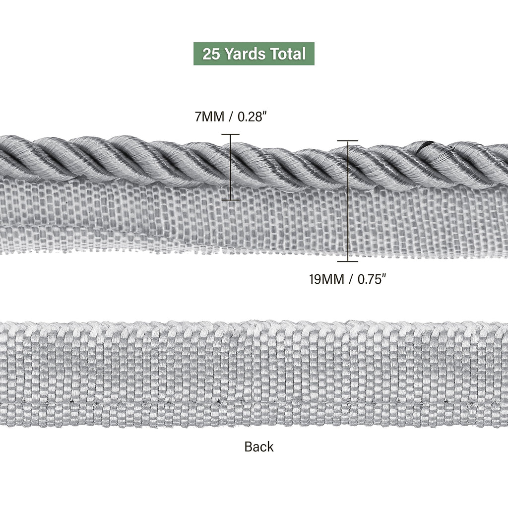 Silver Twisted Lip Cord Trim 25-Yard Roll - Decorative Sewing Trim, Upholstery Piping & Cording for Cushions