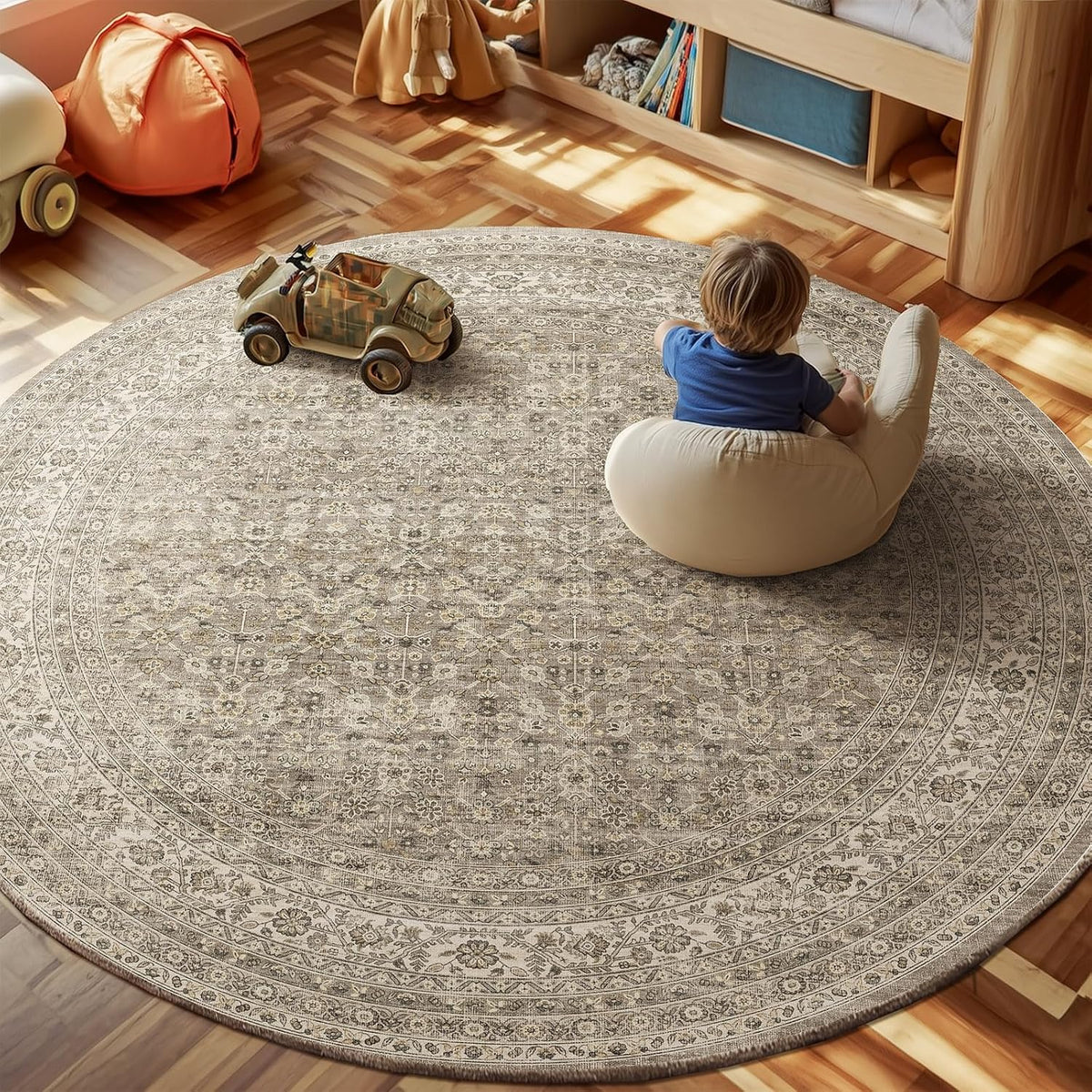 Washable Round Rugs for Bedroom: Circle Living Room Rug Vintage Non Slip Low Pile Soft Faux Wool Non Shedding