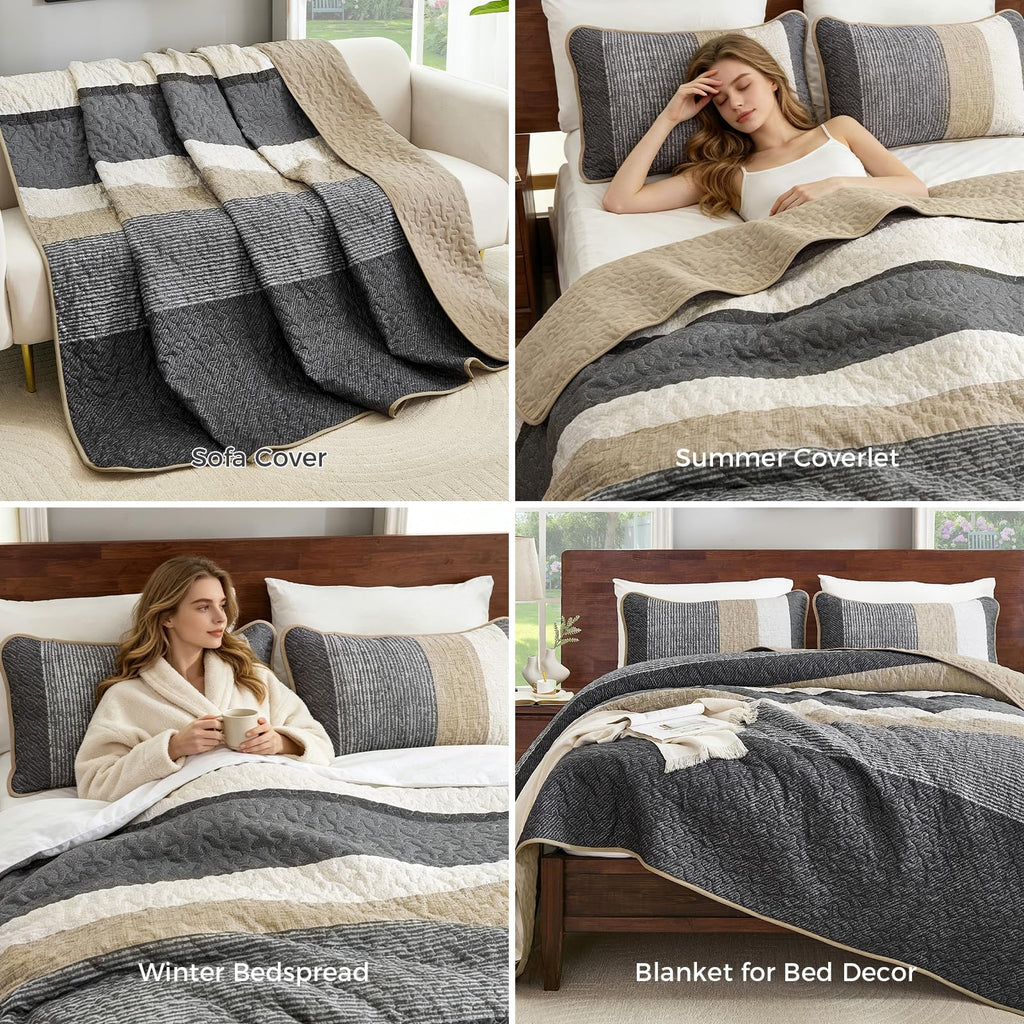 Grey Quilt Set, 3-Piece Boho Striped Bedding