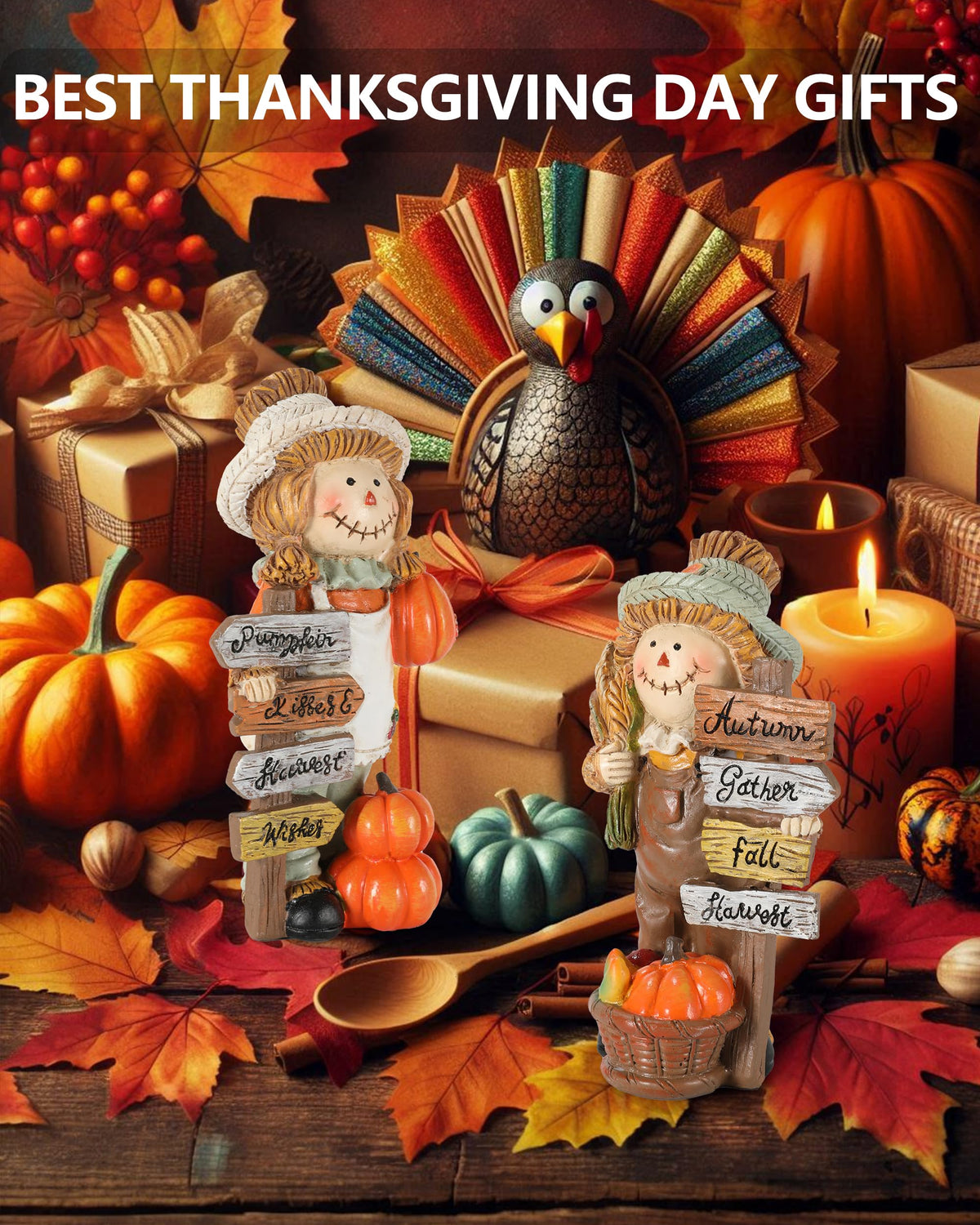 2-Pack Thanksgiving Scarecrow Figurines with Inspirational Autumn Plaques - Durable Resin 5.5'' Thanksgiving Table