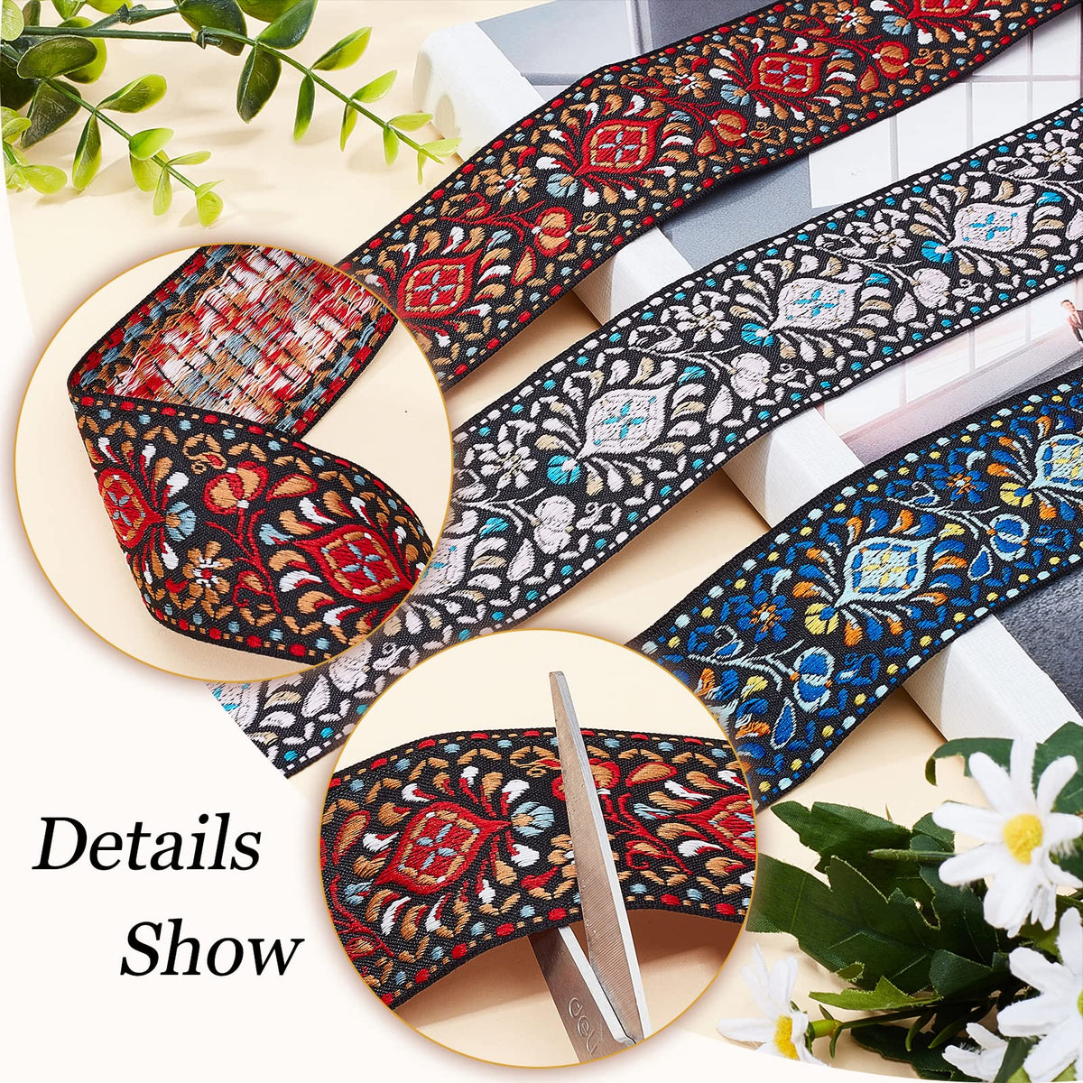 2 Inch Vintage Jacquard Ribbon Boho Embroidered Woven Ribbon - 6 Yards