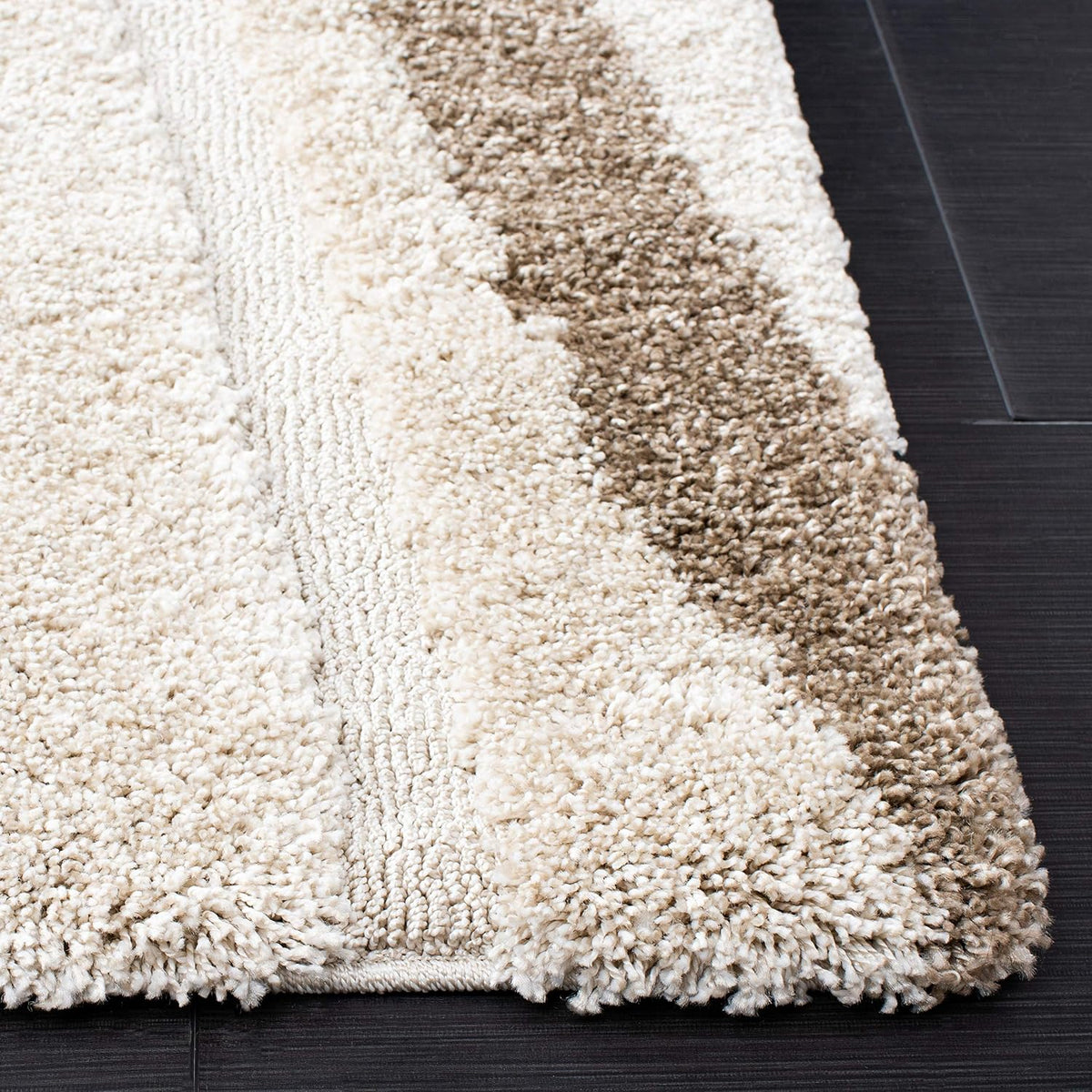 Florida Shag Collection Area Rug - 5' Square, Cream & Dark Brown, Stripe Design, Non-Shedding & Easy Care, 1.2-inch