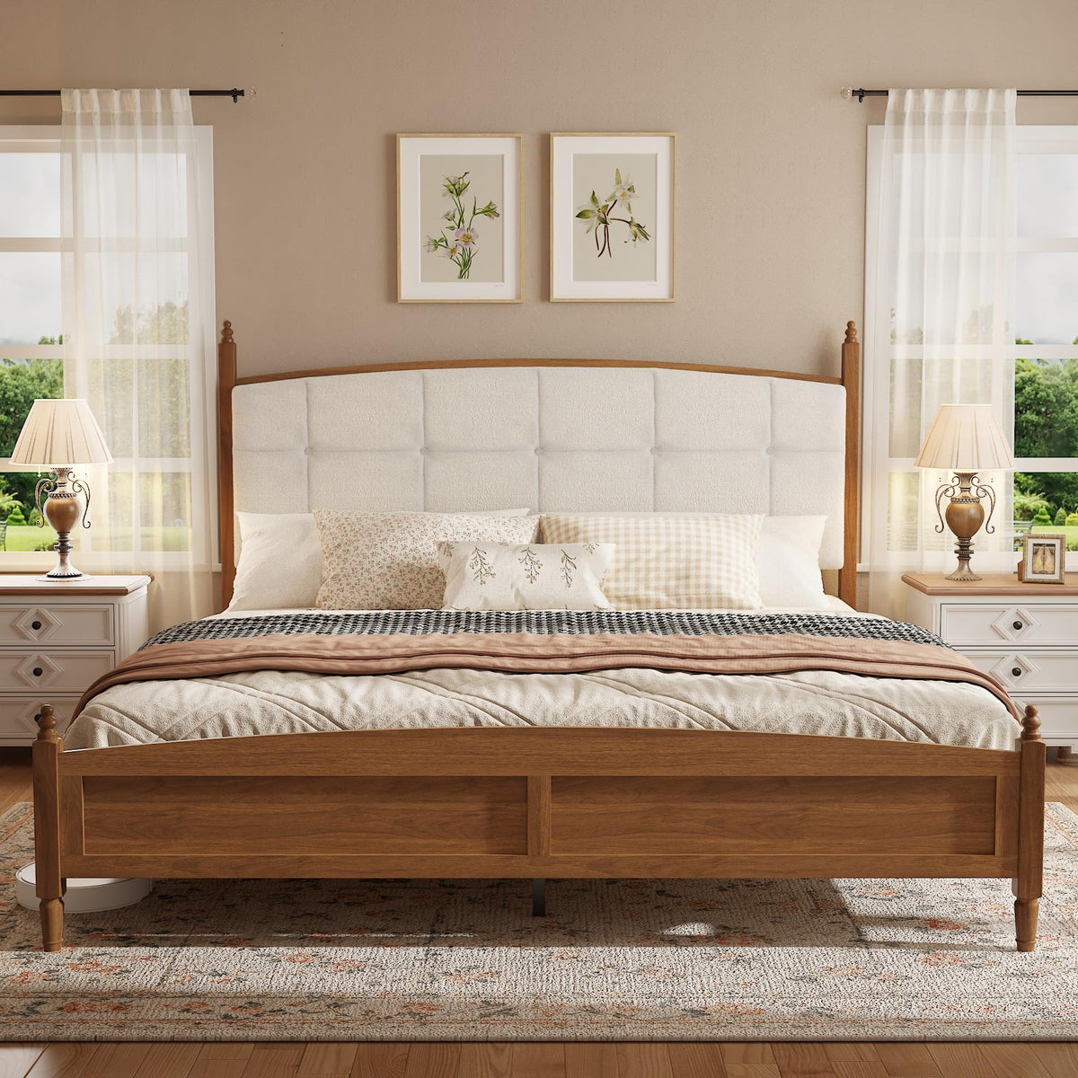 Farmhouse Platform Bed Frame with Curved Upholstered Headboard, Walnut