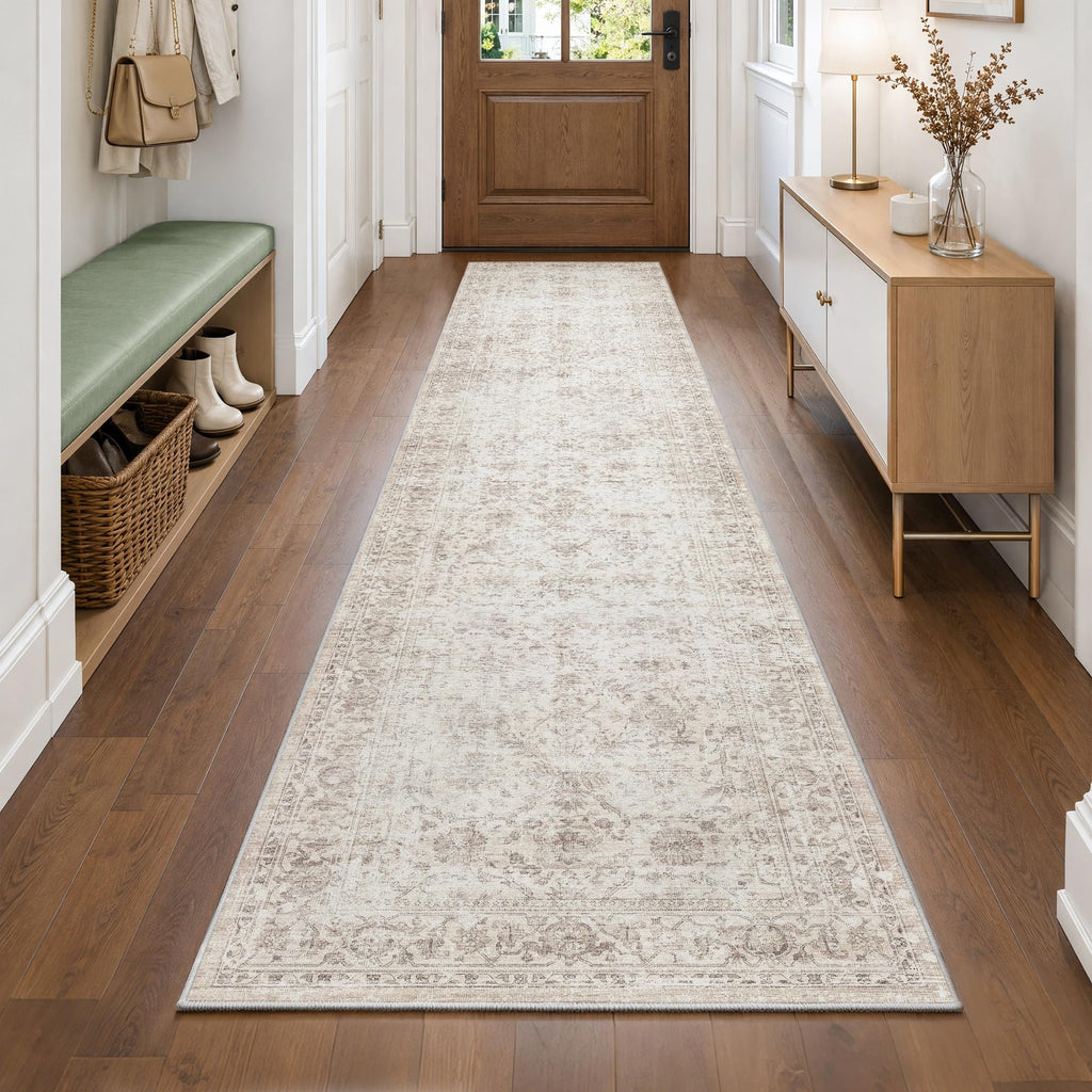 2x10 Hallway Runner Rug Washable Beige Neutral Vintage Distressed