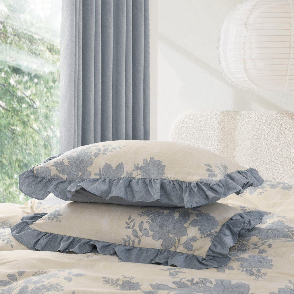 Comforter Set, Ruffle Floral Bedding Set, 3 Pieces, Blue