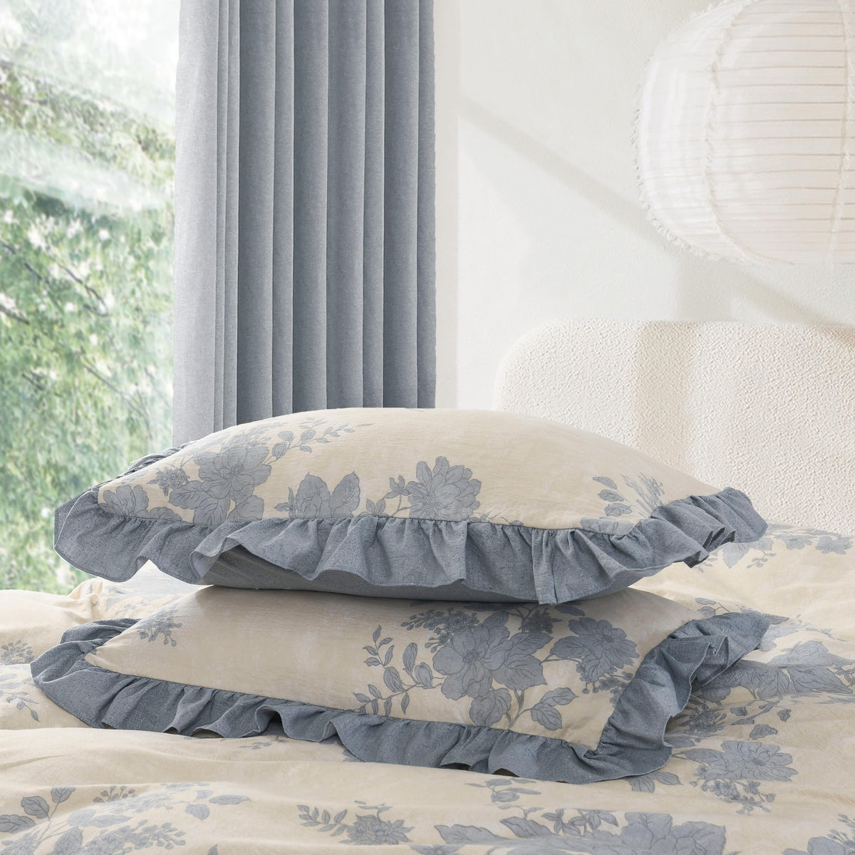 Comforter Set, Ruffle Floral Bedding Set, 3 Pieces, Blue