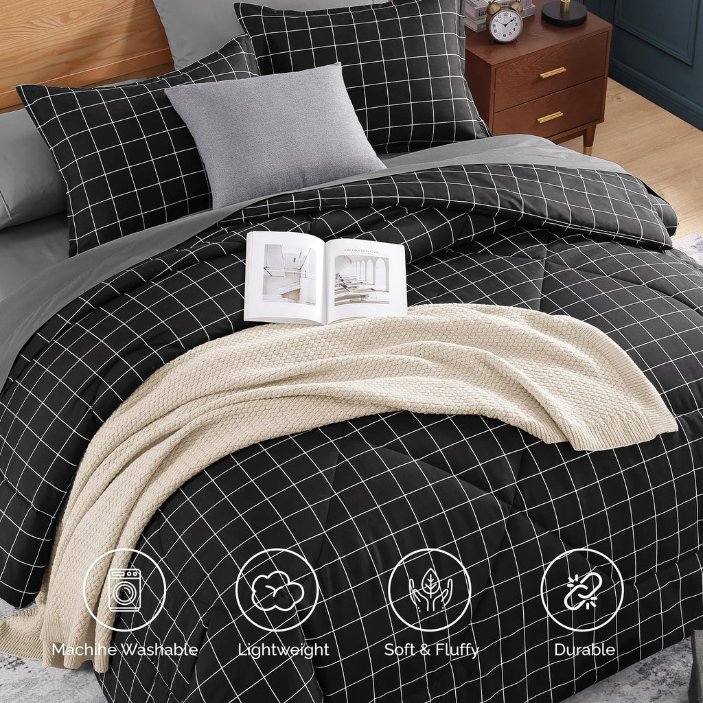 Black Grid Comforter Set, 2 Pieces Gingham Bedding Set