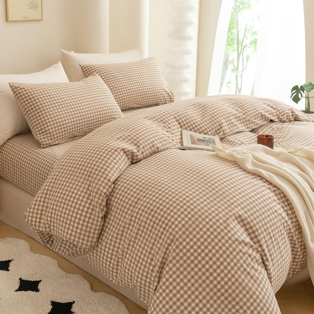 Cotton 3 Pcs Duvet Cover Set Linen Feel Beige Gingham King