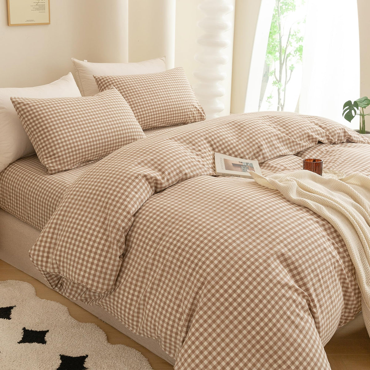 Cotton 3 Pcs Duvet Cover Set Linen Feel Beige Gingham King