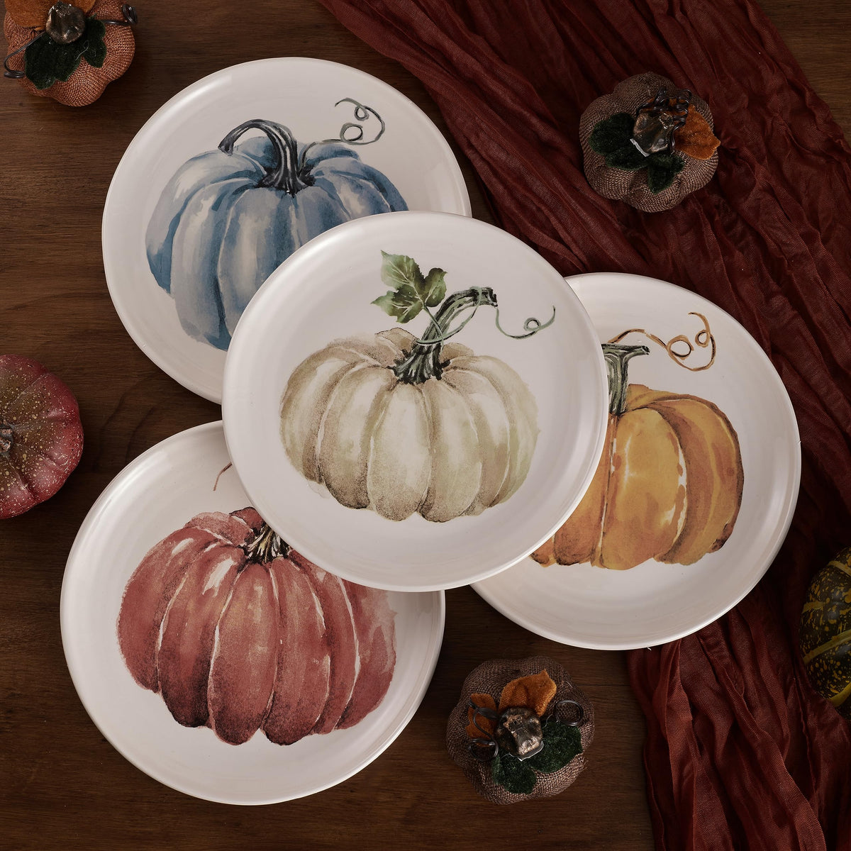Pumpkin Feast Salad Plates Set of 4, 8.75 Inch Ceramic Dessert Plates for Salad, Appetizer, Side Dishes, Microwave