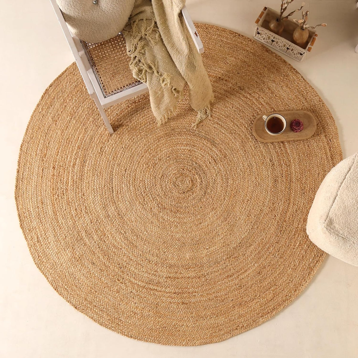 Handwoven 6ft Round Jute Rug Natural Rustic Reversible Living Room Area Rug