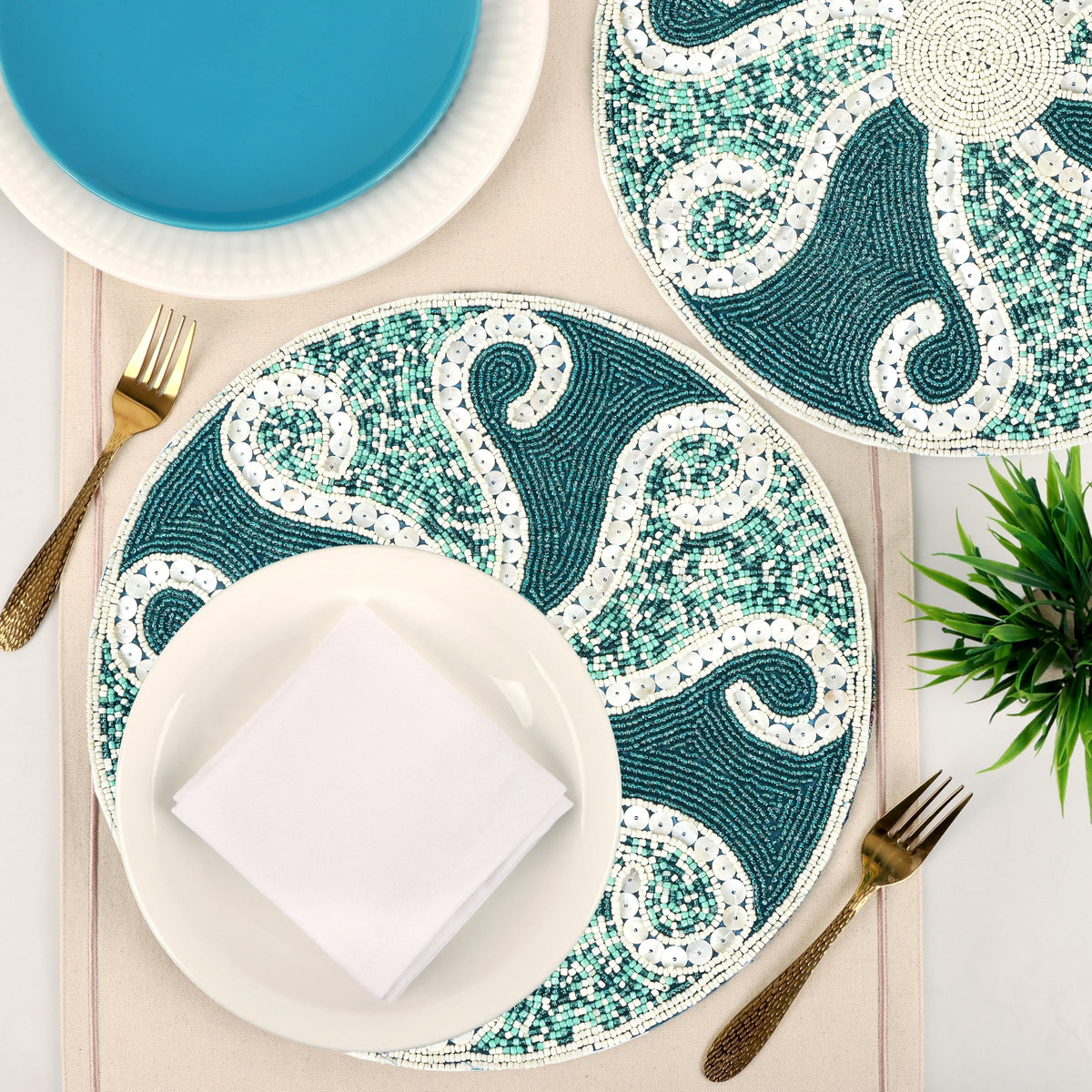 Beaded Placemats 13 Inch Teal Ivory Round Table Mats