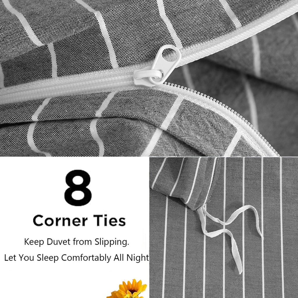 Grey Striped Duvet Cover Set Cotton Linen‐Like 3pcs 90"x90"
