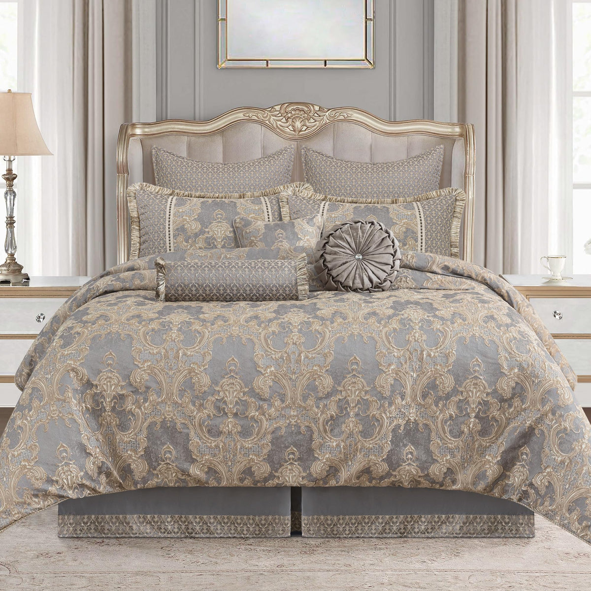 9-Piece Luxury Jacquard Comforter Set, Gray+Beige Brown