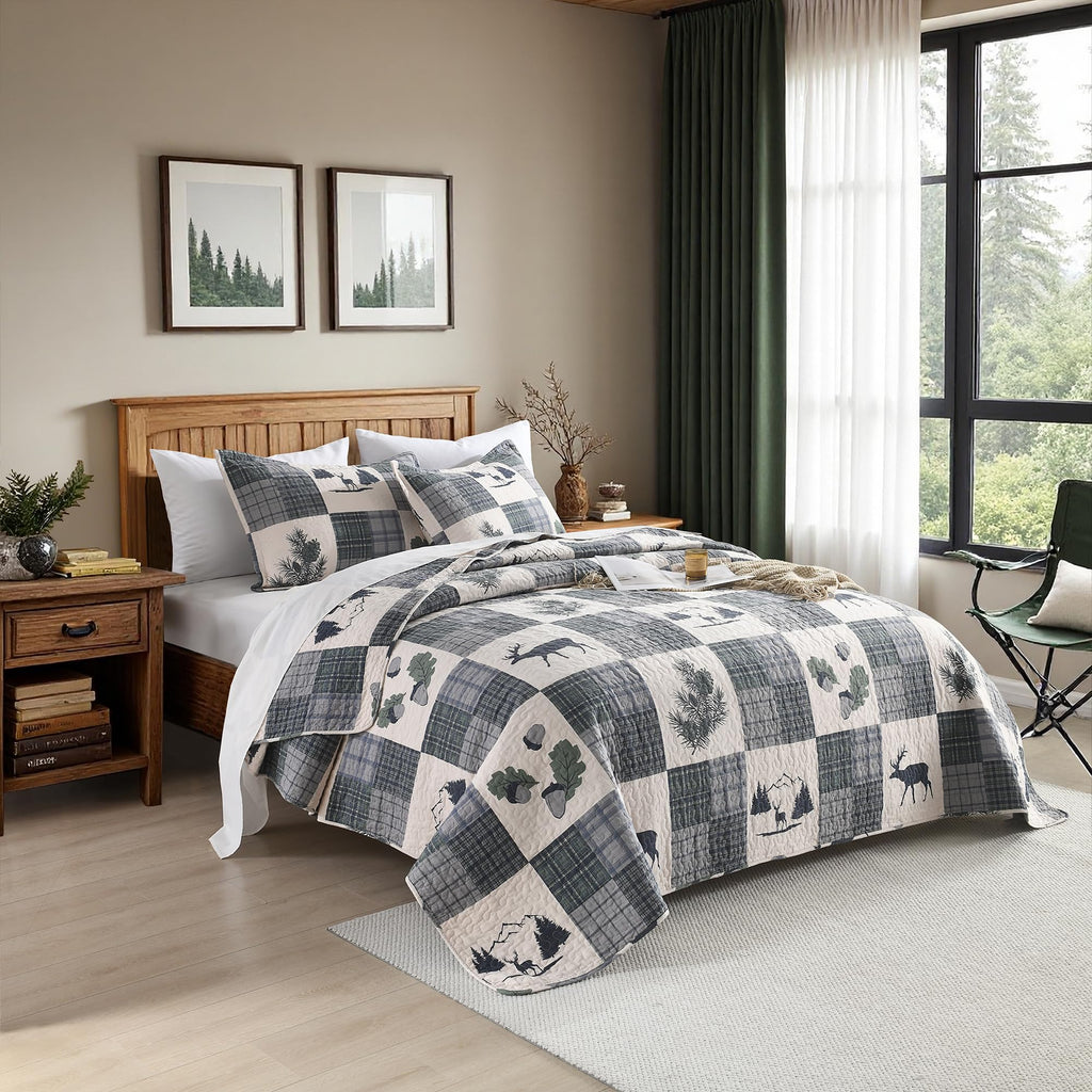 Cabin Quilt Set - 3-Piece Rustic Bedding Set - Lodge Deer Bedspread