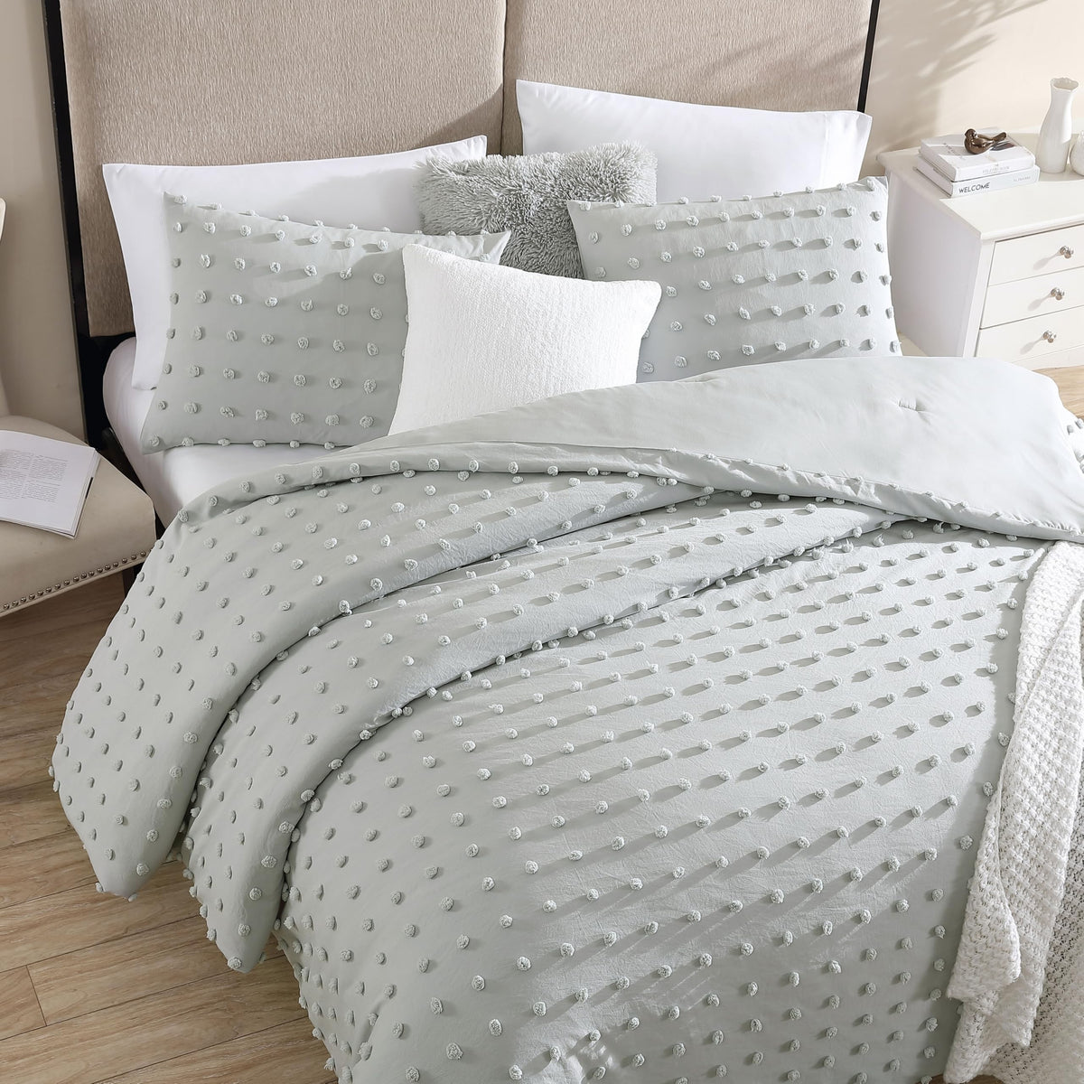 Home Comforter Set, Tufted Pom Poms, Gray