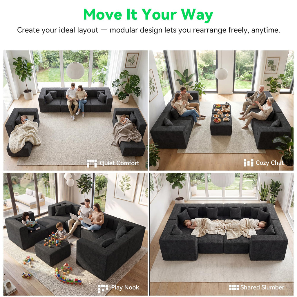 Oversized Boneless Sectional Couch 08-Seat, Chenille, Black