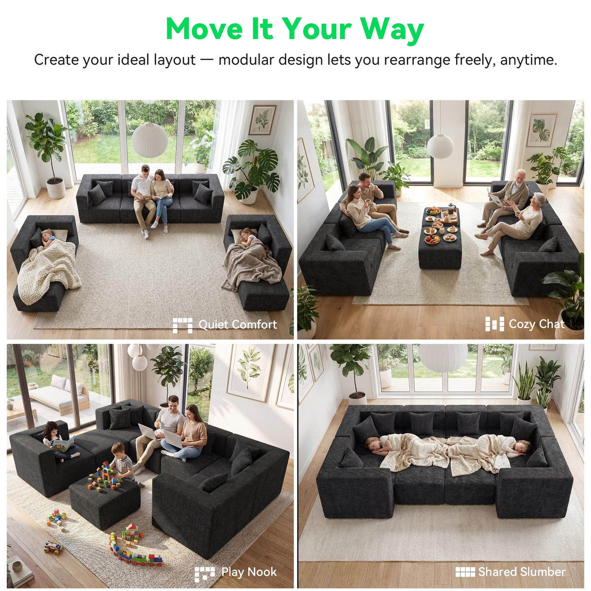 Oversized Boneless Sectional Couch 08-Seat, Chenille, Black