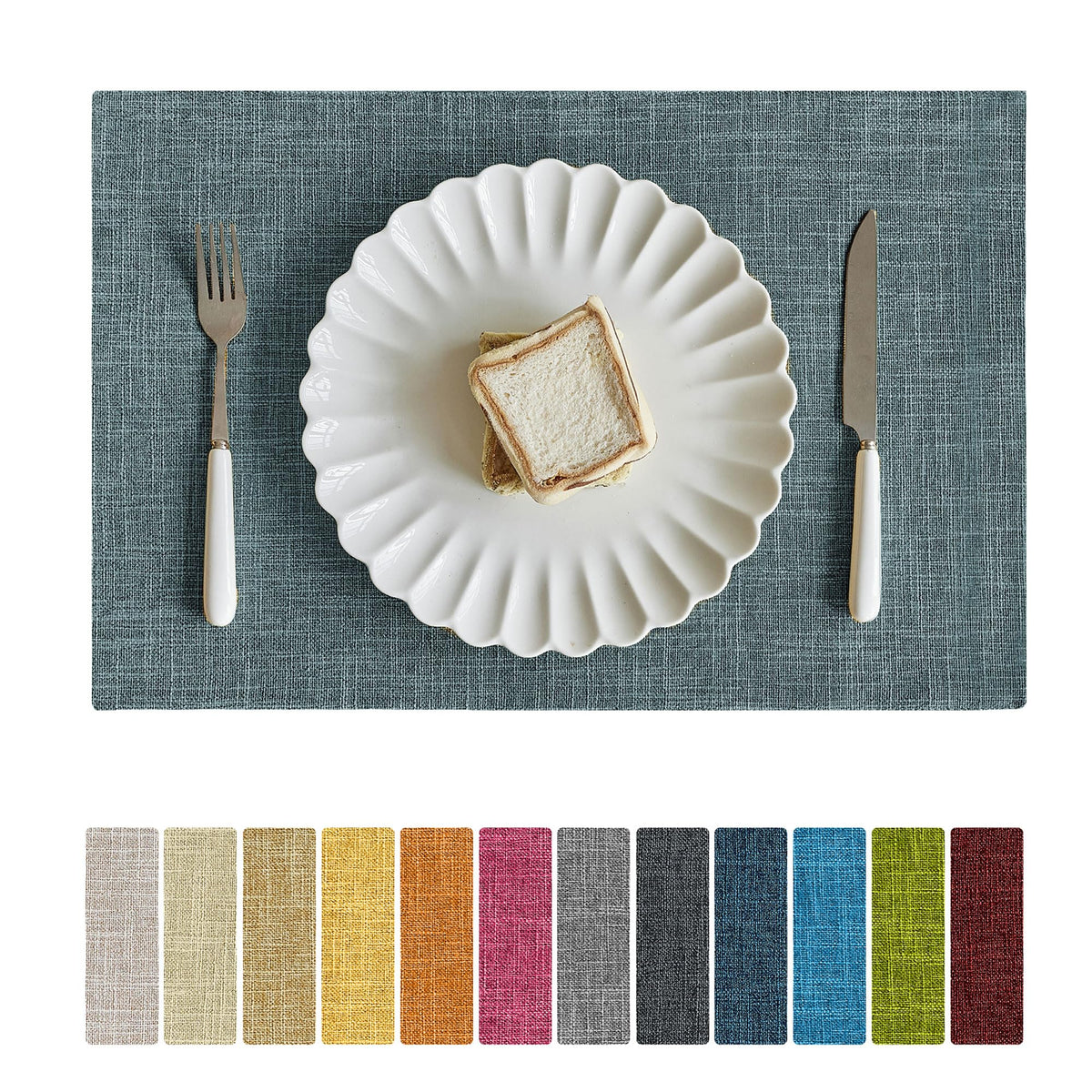 Faux Linen Cloth Placemats Set of 6-12 x 18 Inch, Light Blue