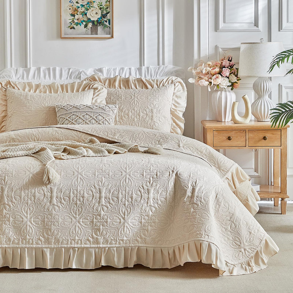 Ruffles Quilt Set 96 * 96in - 3 Pieces Solid Shabby Chic Farmhouse Ruffled Bedding Rustic Coverlet