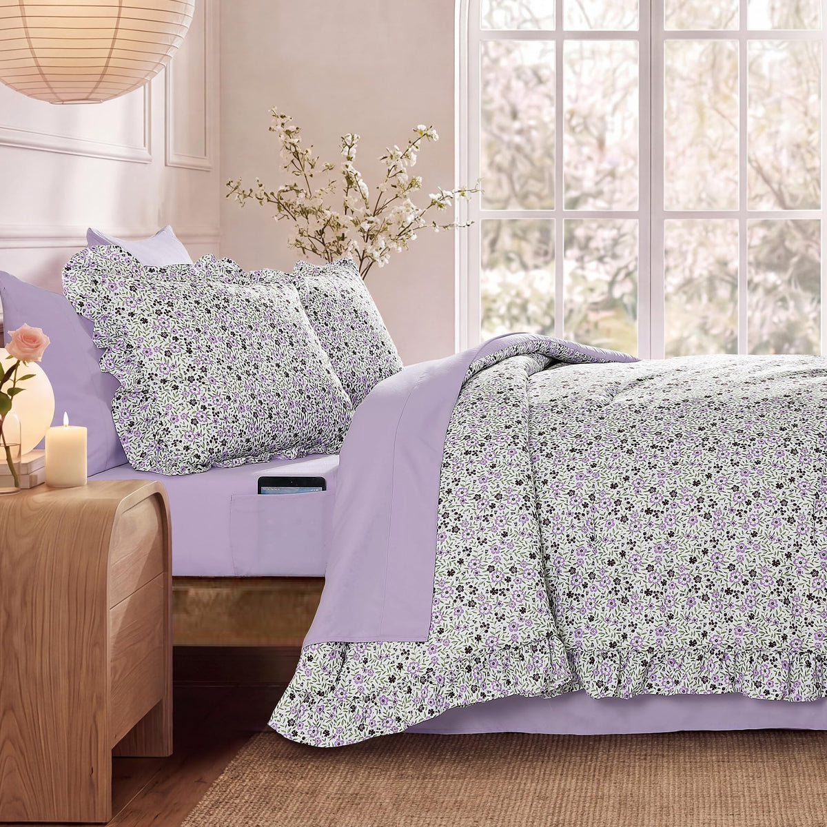 Comforter Set-7 Pieces Floral Ruffle Bedding Set
