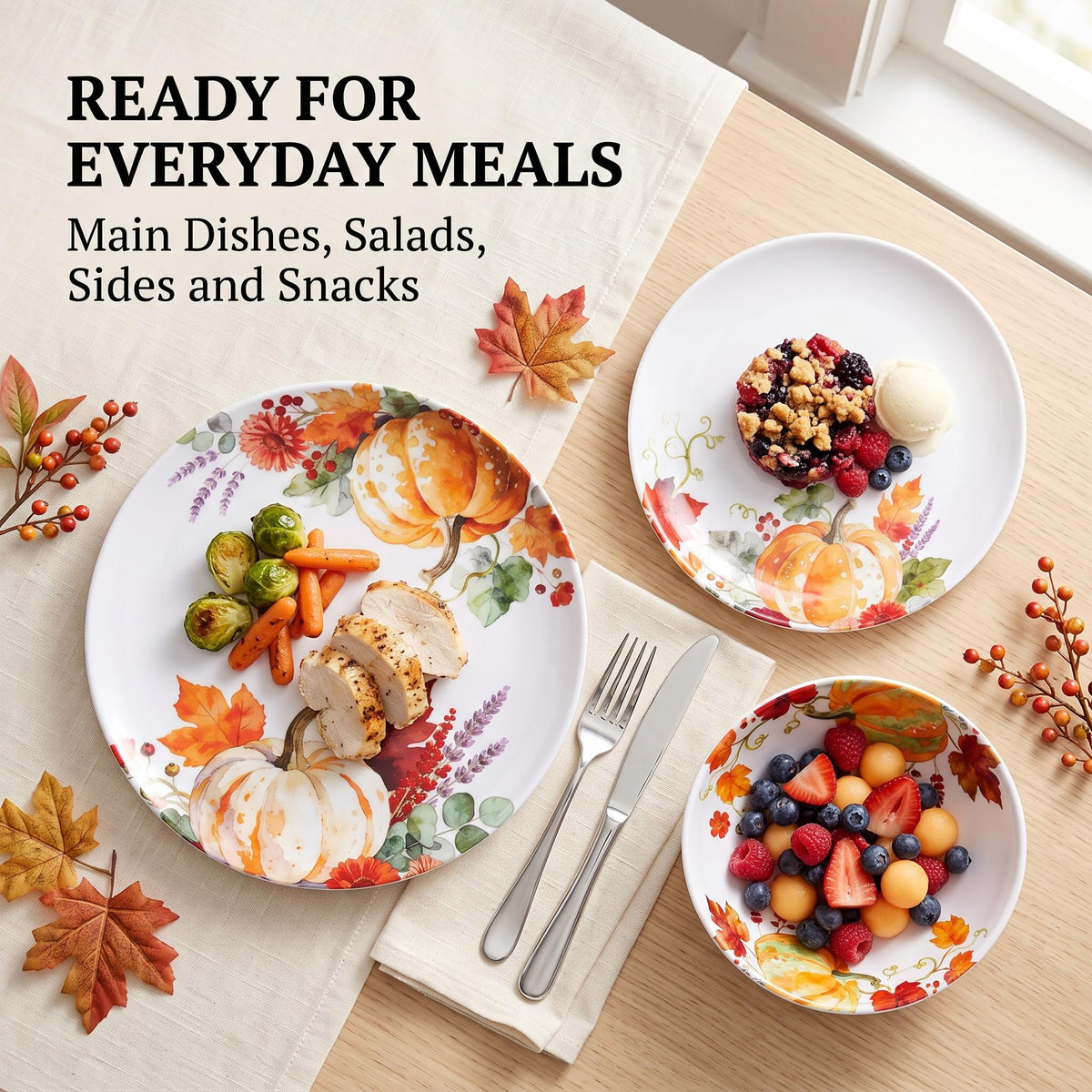 Melamine Dinnerware Set for 4, 12-Piece Pumpkin Plates and Bowls, BPA-Free