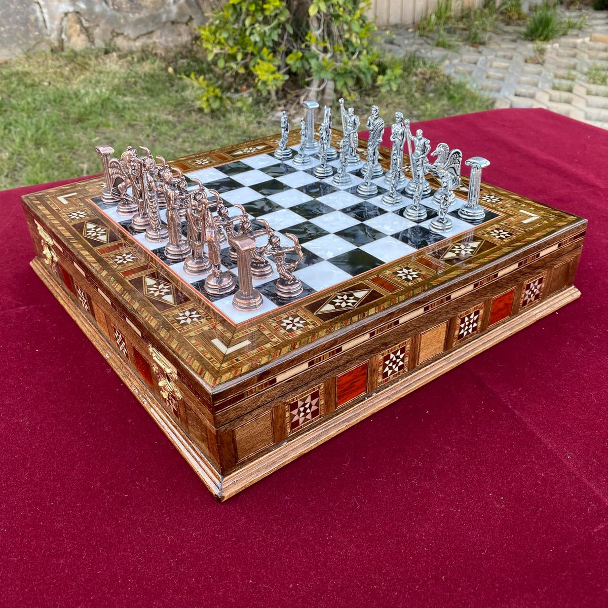 Luxury Greek Mythology Themed Chess Set- 12 inch Handmade Mosaic Chessboard with Storage- Ancient Greek Gods Inspired