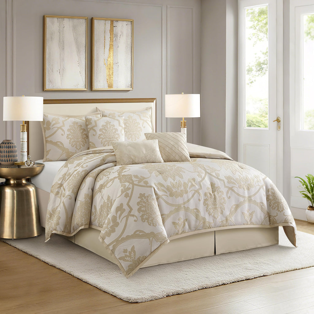7 Piece Gold Comforter Set, Elegant Floral King Size Bedding, Jacquard with Matching Solid Microfiber Piece Work, All