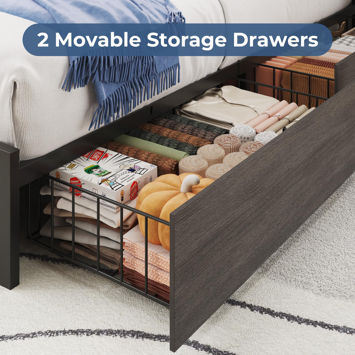 Bed Frame with 2-Tier Storage Headboard, Metal Bed Frame with 2 Storage Drawers, 3-in-1 Charging