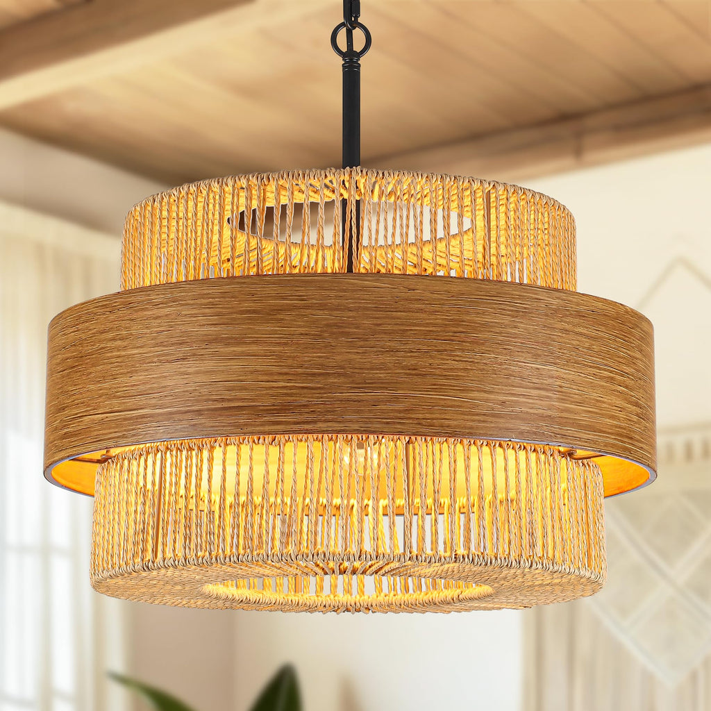Rattan Chandelier, 5 Lights 19.68" Hand Woven Drum Boho Rattan Light Fixture
