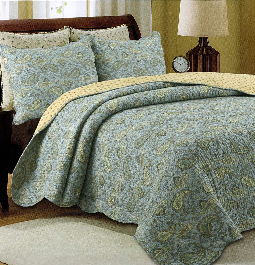 Heritage Country Cottage Classic 100% Cotton Reversible Quilt Bedding Set, Coverlet, Bedspread (Green Paisley