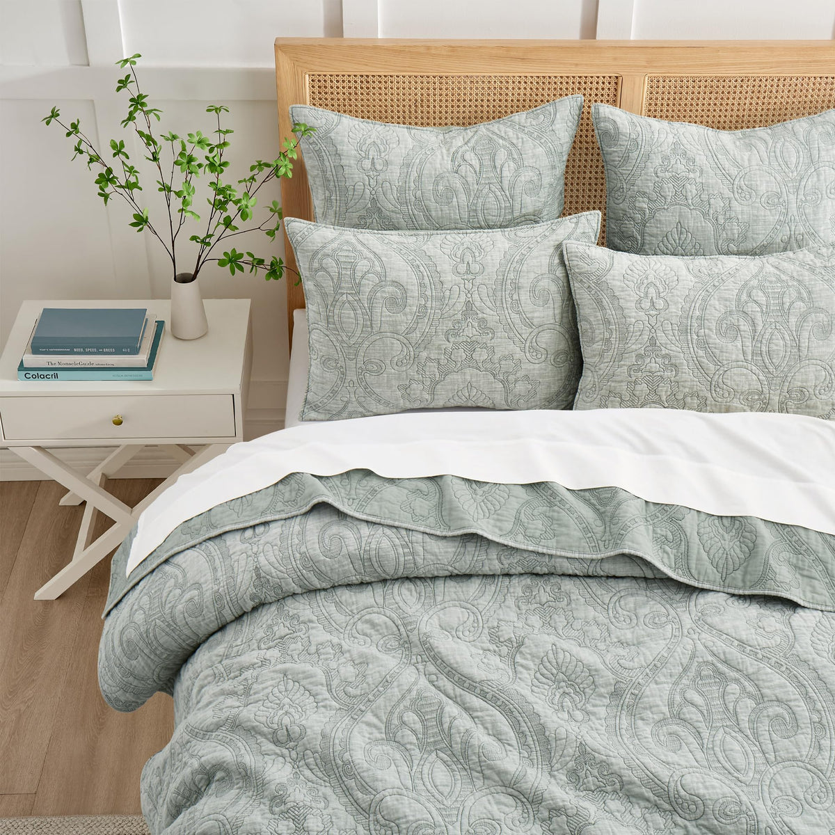 Helena Sage Quilt Set - Quilt (88x92in.) and 2 Standard Shams (20x26in.) - Ornate Paisley Medallion - Sage