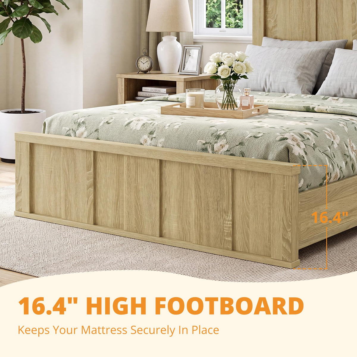 Farmhouse Bed Frame with 50" Tall Headboard, Natural Oak
