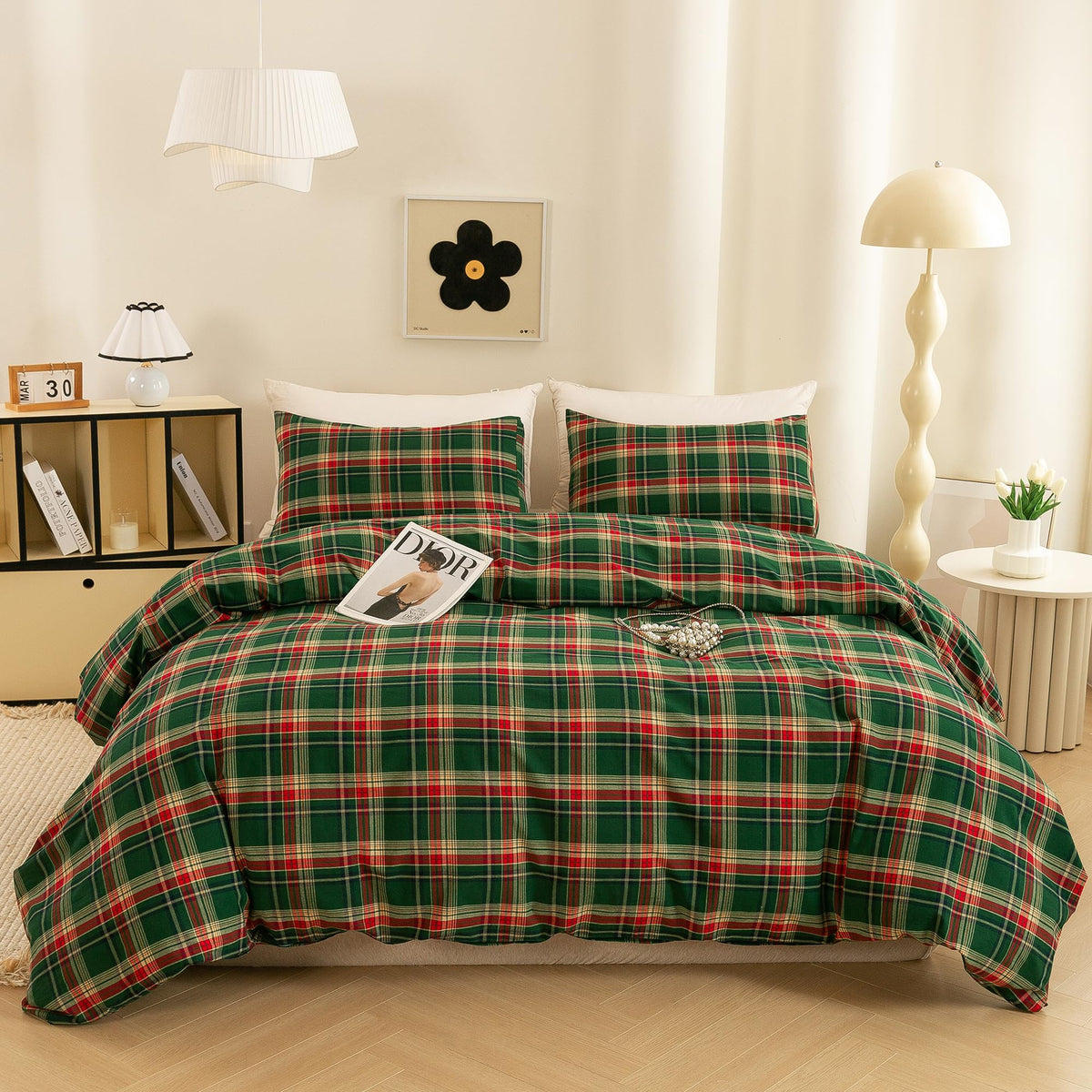 Cotton 3 Pcs Duvet Cover Set Linen Feel Buffalo Plaid King