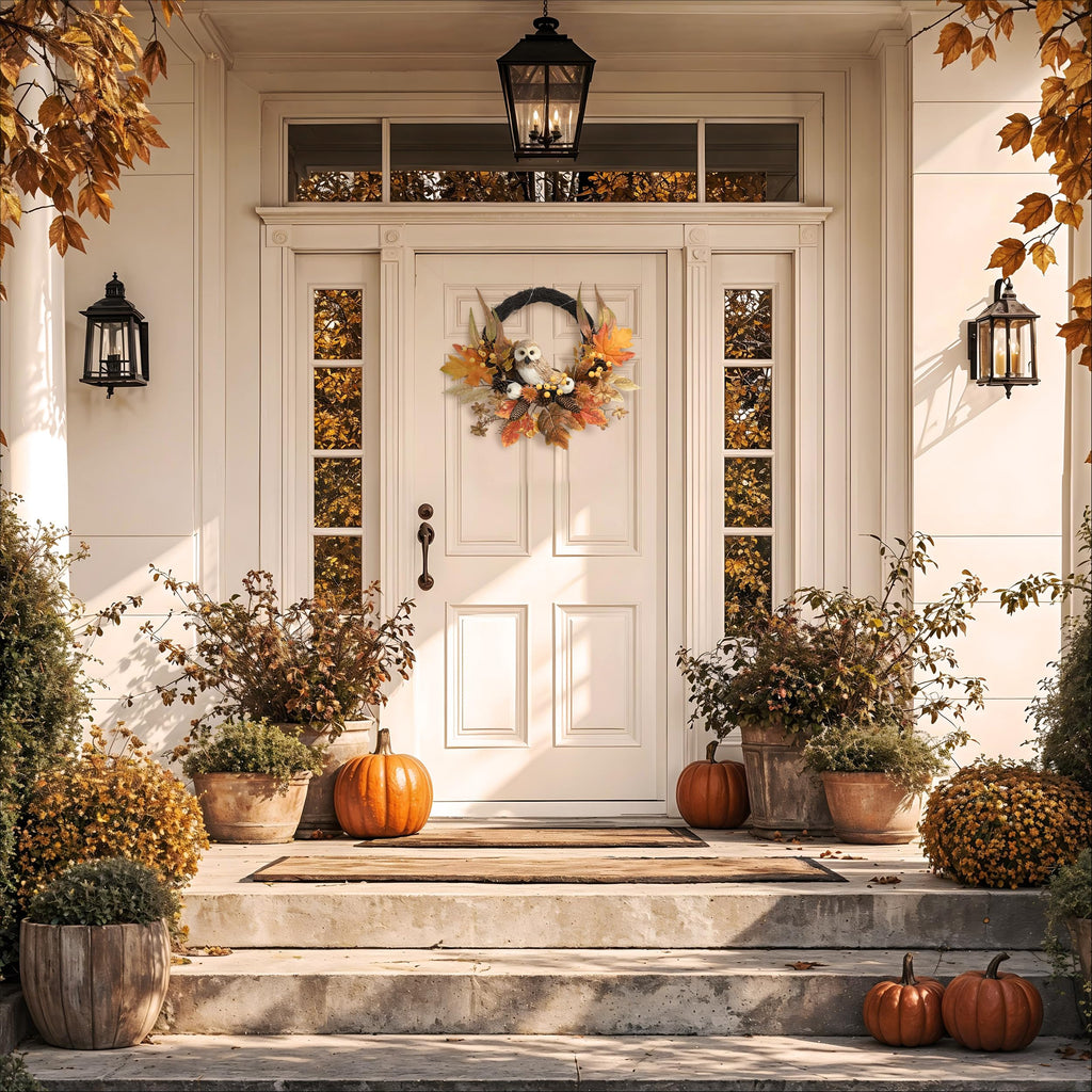 18'' Fall Wreath for Front Door with Owl Pumpkin
