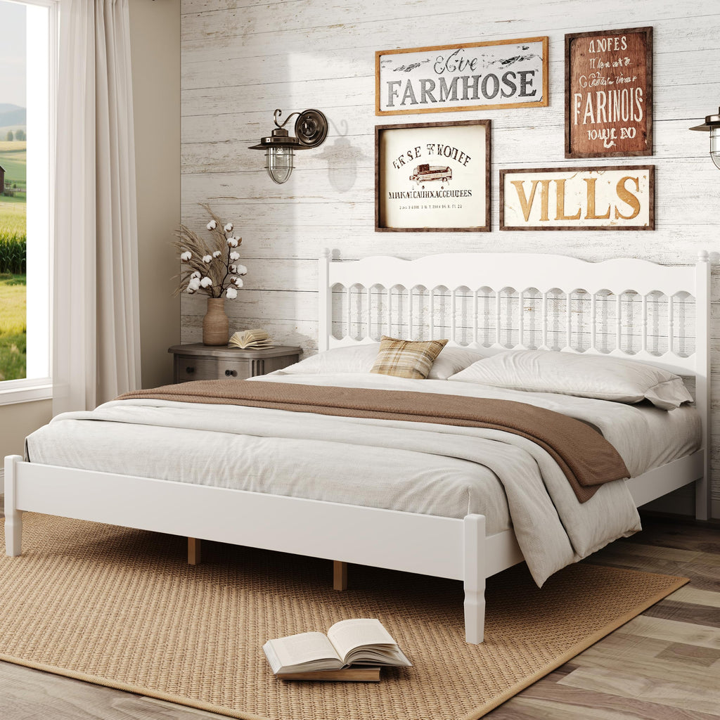 Farmhouse Wood Bed Frame with Spindle Headboard, White