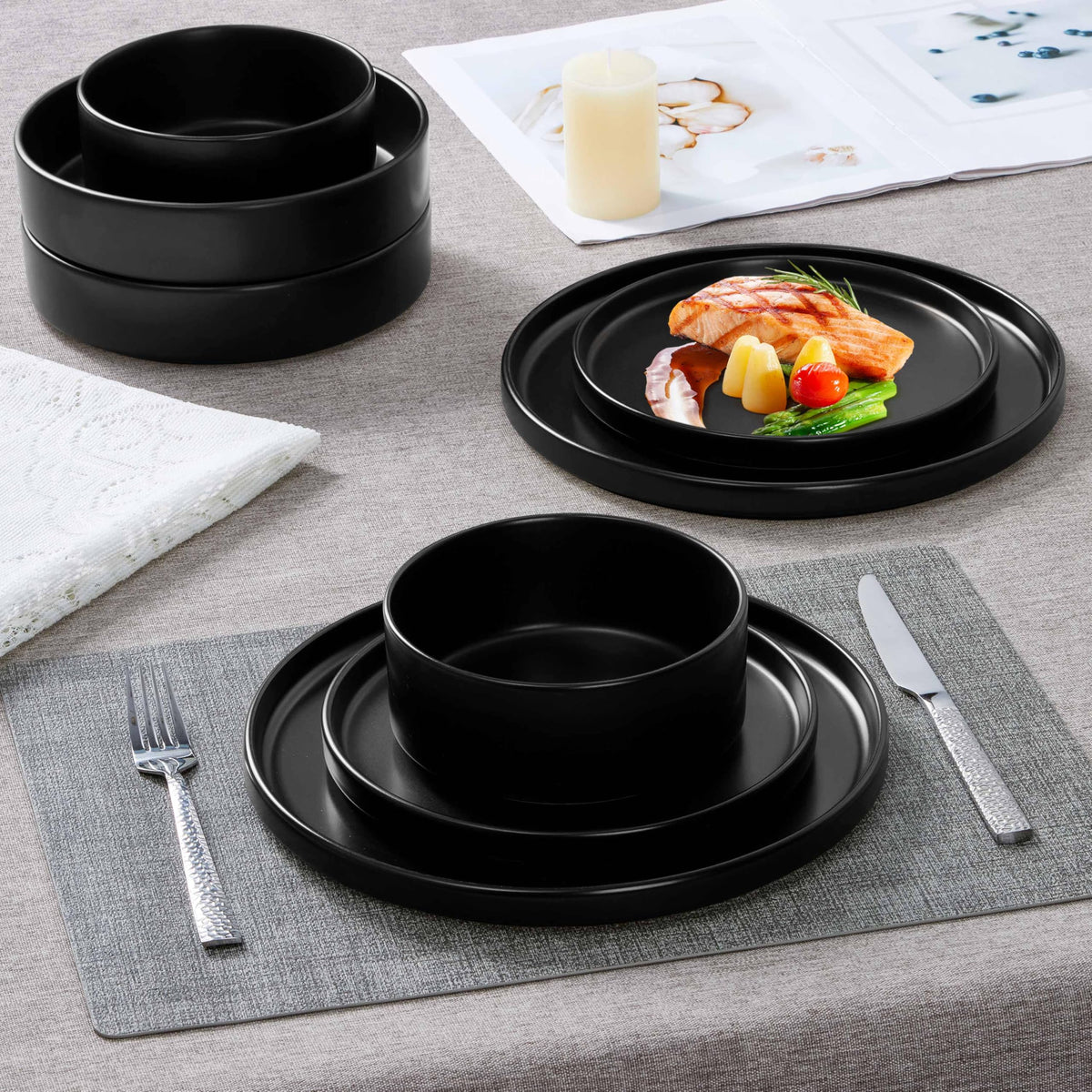 Dinnerware Sets with Pasta Bowls for 6, 24 Piece Dinner Salad Plates and Cereal Serving Bowls, Stoneware Dishes
