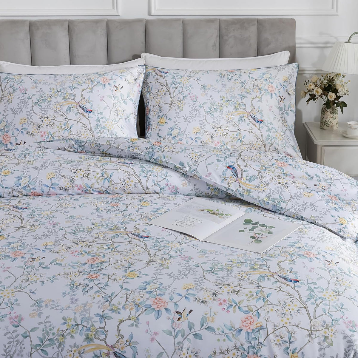 Vintage Botanical Rose Floral Bedding Set 3Pcs Duvet Cover Set 100% Long Staple Cotton Soft Bird Branch Print