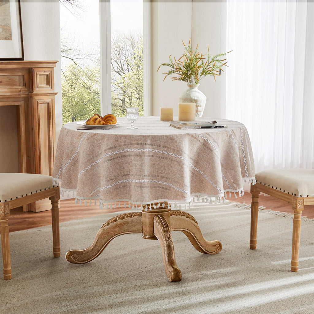 Hemstitched Striped Boho Table Cloth, 54 Inch Round Natural
