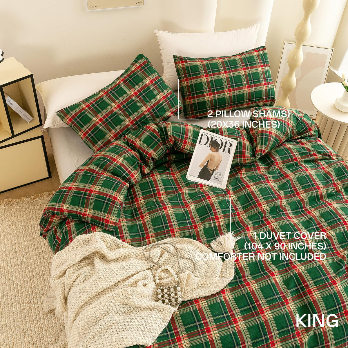 Cotton 3 Pcs Duvet Cover Set Linen Feel Buffalo Plaid King