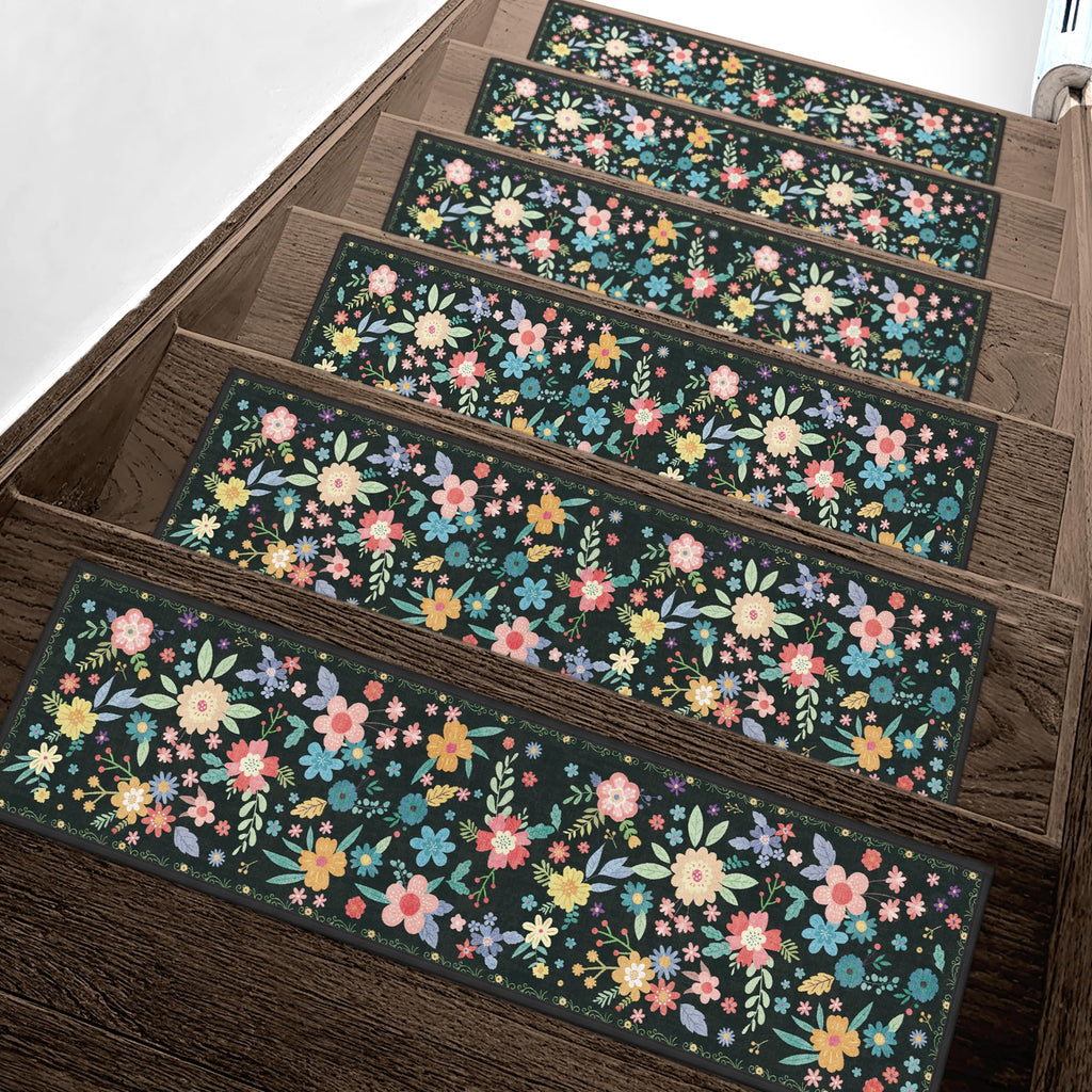 8"x30" Non Slip for Wooden Steps 15 Pack, Black Floral