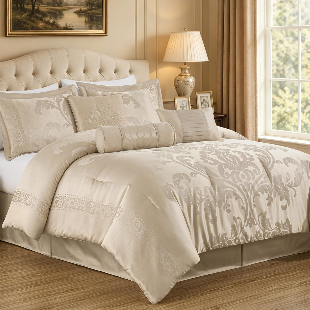 Royale 7-Piece Jacquard Floral Comforter Set, Champagne